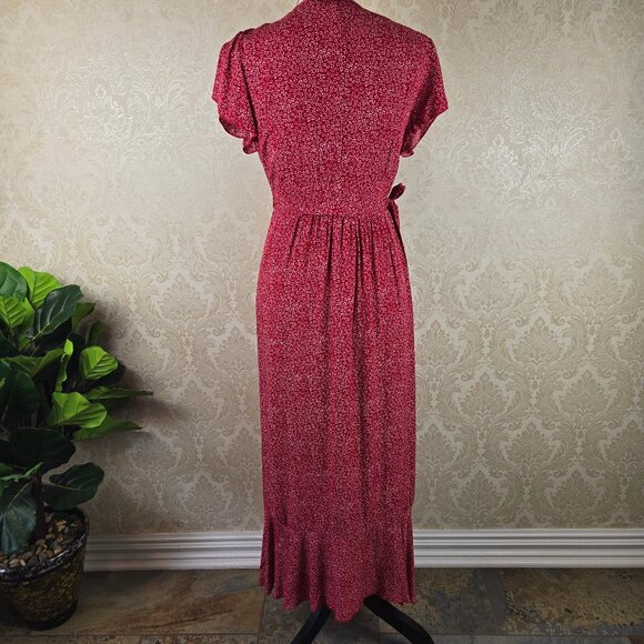 Unbranded Size Small Red White Floral Print Wrap Dress Self Tie Belt Ruffle Hem - Picture 8 of 15